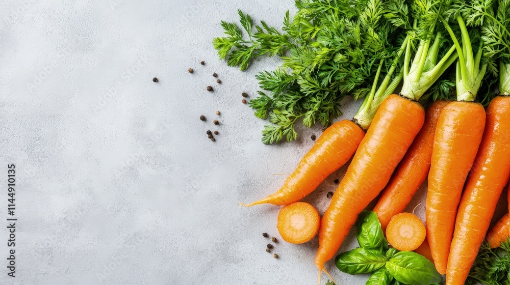 Fresh orange carrots with green tops and basil on gray background. Fresh orange carrots with green tops and basil on gray background.