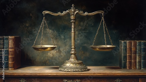 Antique brass scales of justice with old books on wooden shelf.
