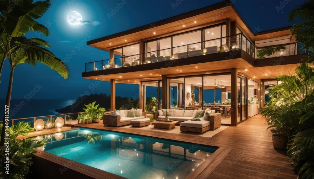 A wooden house with an open terrace overlooking the ocean at night A wooden house with an open terrace overlooking the ocean at night