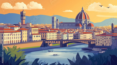 Illustration, Cityscape of Firenze in Italy, touristic advertisement poster. Promotional touristic poster. Beautiful city in Italy. Must-see tourist travel destination. Medieval city. Famous Catredral photo