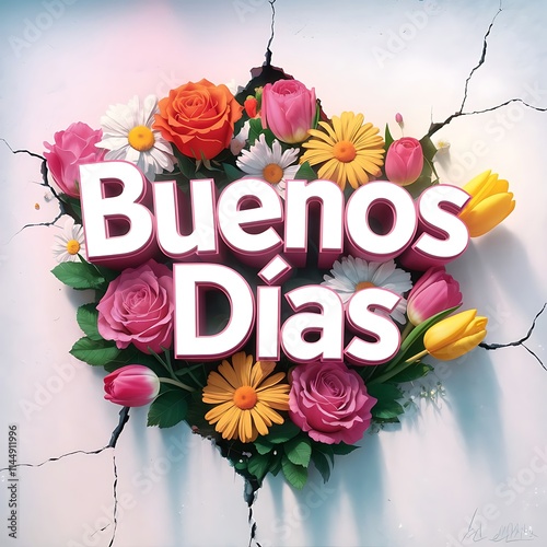 Buenos dias text good morning greetings in Spanish language with multicolor daisy rose tulip flower
