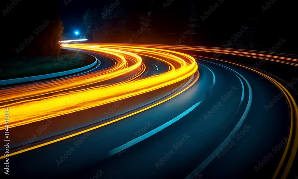 A dynamic night scene showcasing vibrant light trails on a winding road.