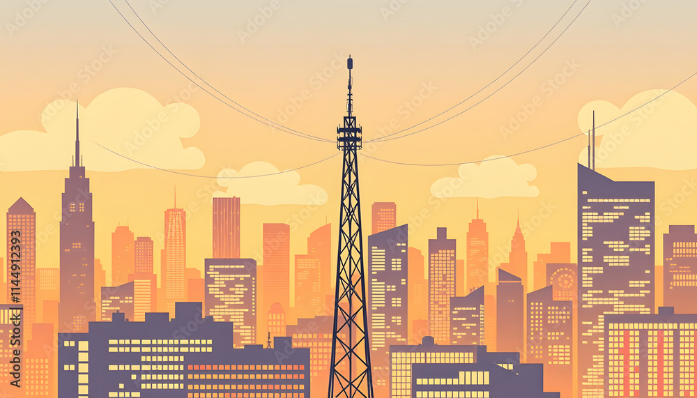Wireless communication network on modern cityscape background, flat papercut style, with white tones Wireless communication network on modern cityscape background, flat papercut style, with white tones