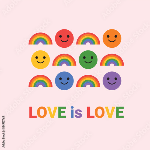 LGBTQ+ poster Love is Love. Bold vector illustration. Happy colorful smiles and rainbow shapes rsymbolizing unity, pride, diversity, and love