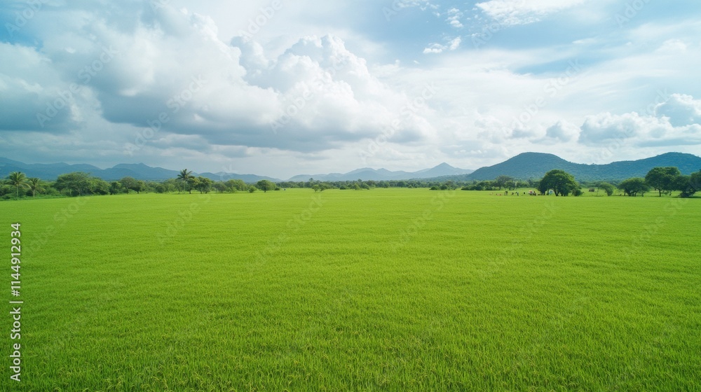 Fototapeta premium Lush Green Indian Rice Field Under Majestic Monsoon Sky