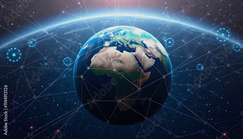 Conceptual image earth from space, conncetions, lines, big data, internet vpn, simple style, with white tones
