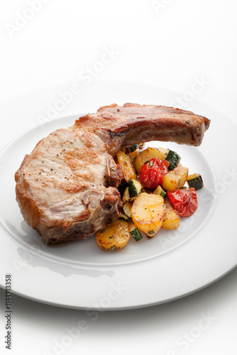 pork chop with baked potato and vegetables
