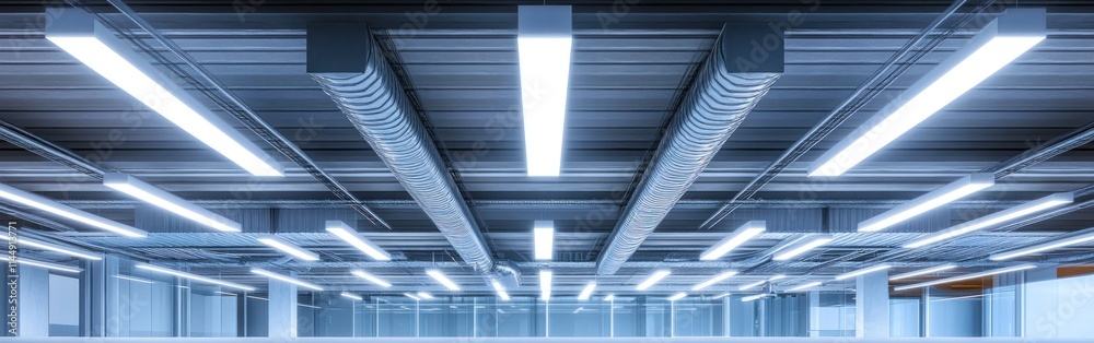 Spacious environment showcases high ceilings with industrial light fixtures and exposed ductwork enhancing creativity Spacious environment showcases high ceilings with industrial light fixtures and exposed ductwork enhancing creativity