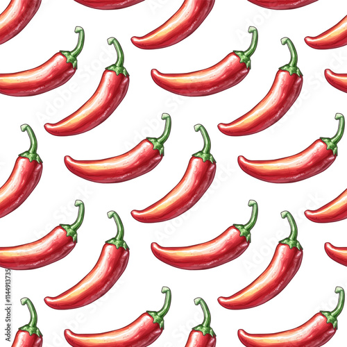 Hot spicy red chili pepper seamless pattern. Organic spices for mexican or asian dishes. Chilli paper red green spicy hot taste and flavor symbol. Food organic seamless pattern design. Vector print.