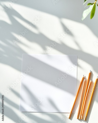 Morning Sunlit Study Desk with Pencils and Blank Paper Representing Education and Creativity photo