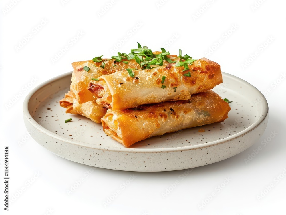 Traditional fried spring rolls served on a ceramic plate, isolated on white background with clipping path add a touch of elegance to any dining experience. Traditional fried spring rolls served on a ceramic plate, isolated on white background with clipping path add a touch of elegance to any dining experience.