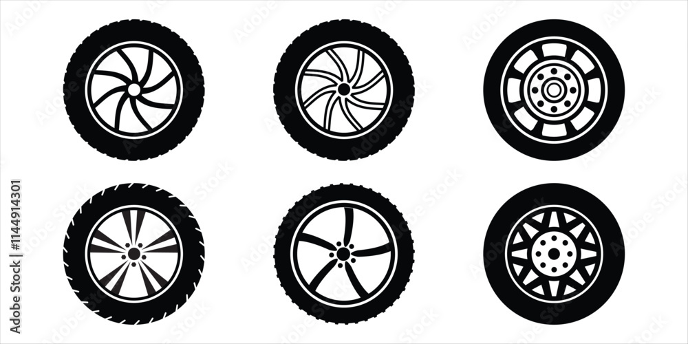 Wheel and Tyre Icon Set for Vehicle Designs. Set of Wheel tires. Black rubber wheel tire set. car tyre icon. Auto wheel tyre. Tire with Tread Pattern. Vector illustration Wheel and Tyre Icon Set for Vehicle Designs. Set of Wheel tires. Black rubber wheel tire set. car tyre icon. Auto wheel tyre. Tire with Tread Pattern. Vector illustration
