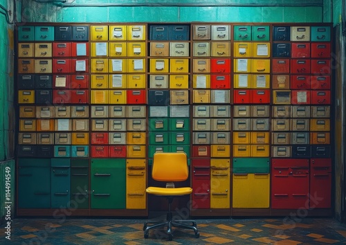 Colorful vintage filing cabinets and a bright ergonomic chair make for a unique workspace