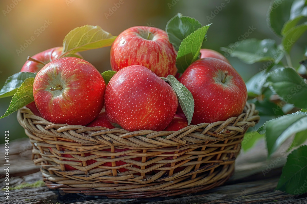 Wicker basket with red ripe apples in the garden. .,. Wicker basket with red ripe apples in the garden. .,.