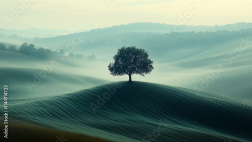 Minimal hills featuring a single tree against a misty morning