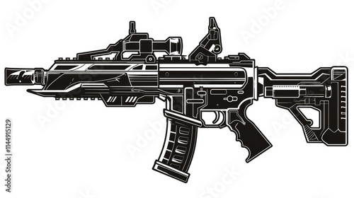 Machine Outline. Assault-Style Gun Rifle Weapon Military Army War Isolated on White Background photo