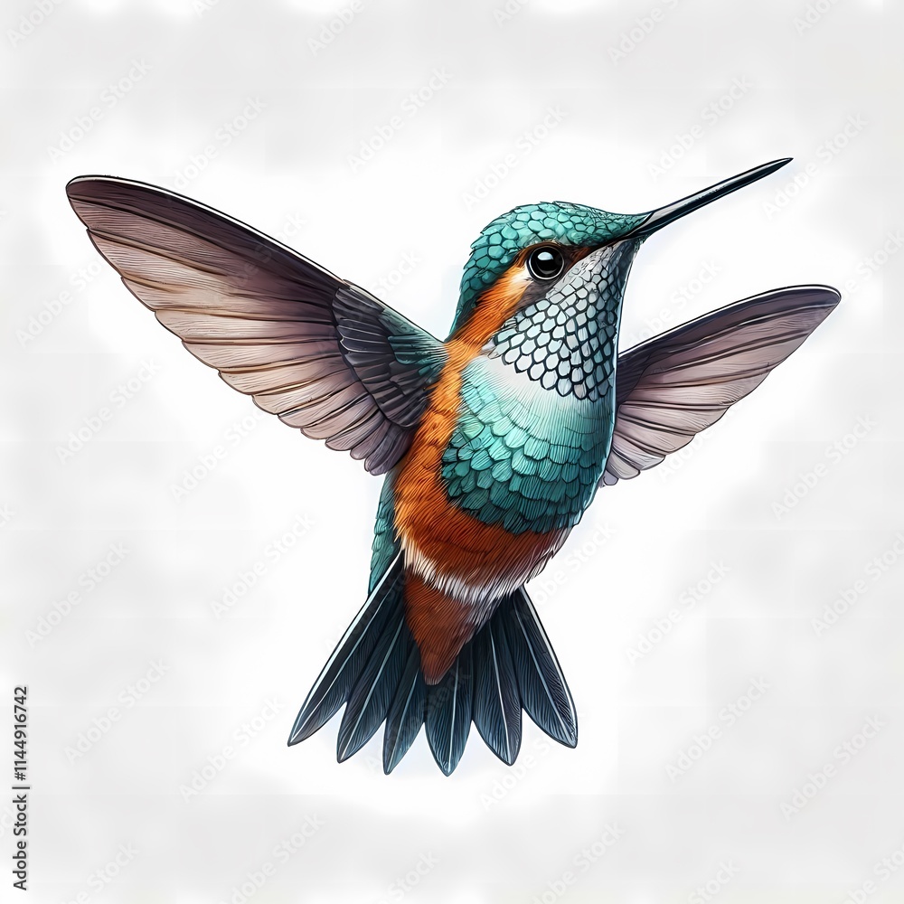 Obraz premium A vibrant hummingbird in mid-flight displaying iridescent feathers.