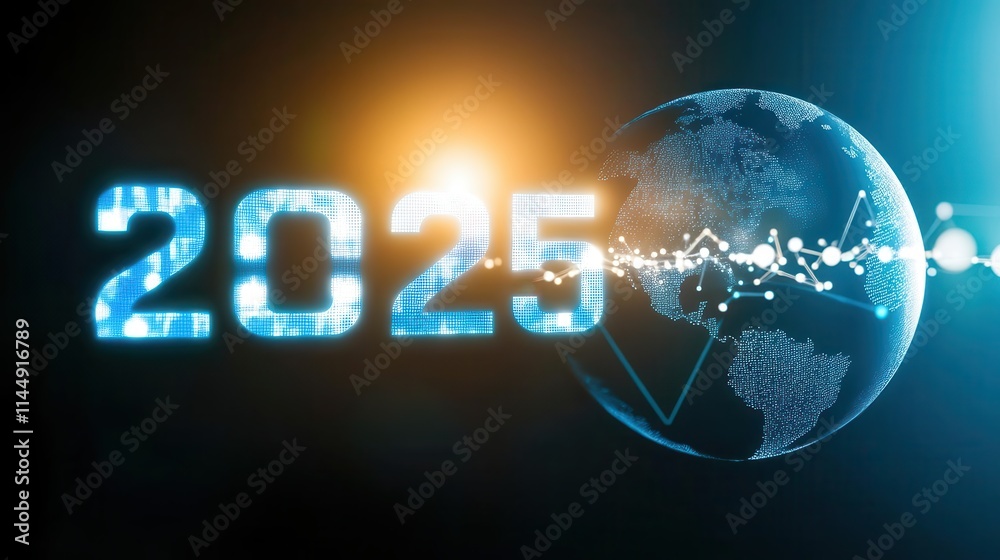 Holographic 2025 floating above a globe surrounded by interconnected dots, symbolizing global communication. Holographic 2025 floating above a globe surrounded by interconnected dots, symbolizing global communication.