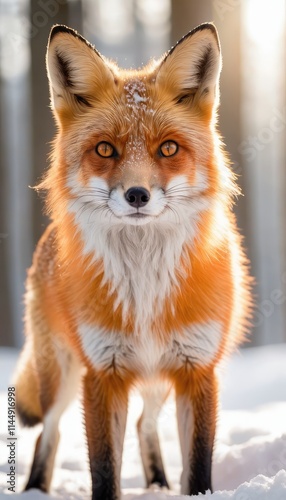 A stunning red fox standing in a snowy forest at sunrise, its vibrant fur glowing in the golden light, creating a serene and magical wildlife scene