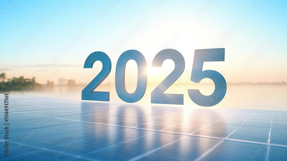 Futuristic 2025 numbers embedded in a solar panel, glowing softly under a radiant sunrise, eco-innovation theme. Futuristic 2025 numbers embedded in a solar panel, glowing softly under a radiant sunrise, eco-innovation theme.