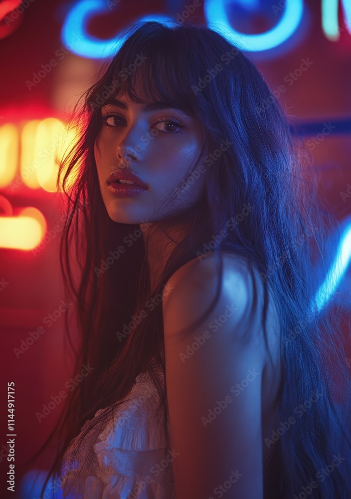 Fototapeta premium Beautiful Girl with Long Hair in Neon Blue and Red Studio Lighting for Fashion Photography