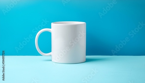 Caneca de porcelana para mockup flutuando e atrás um fundo azul