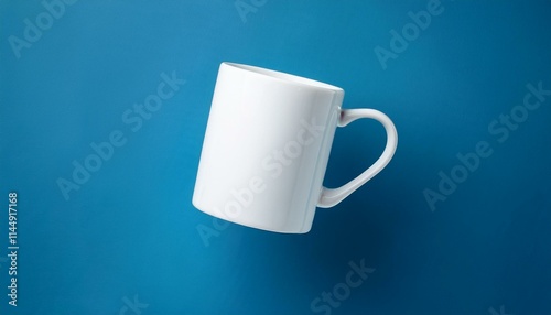 Caneca de porcelana para mockup flutuando e atrás um fundo azul