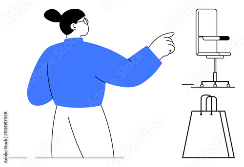 Woman in blue sweater pointing towards modern office chair, standing next to a shopping bag. Ideal for online shopping, retail, furniture sales, e-commerce, consumer behavior, minimalism