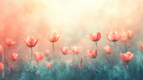 Wiosenne tło, piękne tulipany, puste miejsce na tekst, tapeta generative ai  © Elżbieta Kaps
