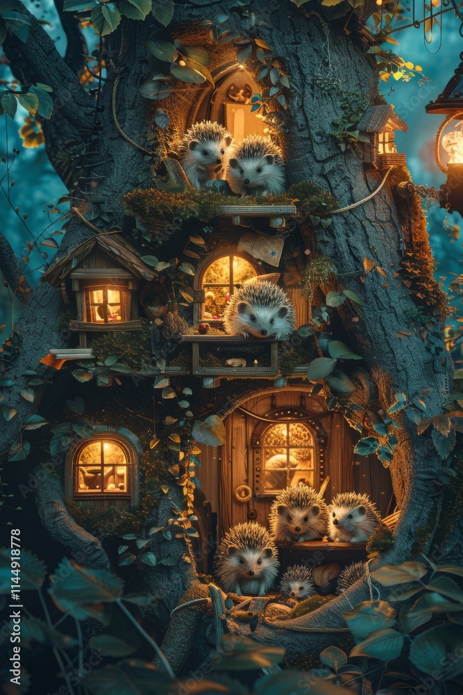 Fototapeta premium Hedgehog burrow with windows and tiny furniture