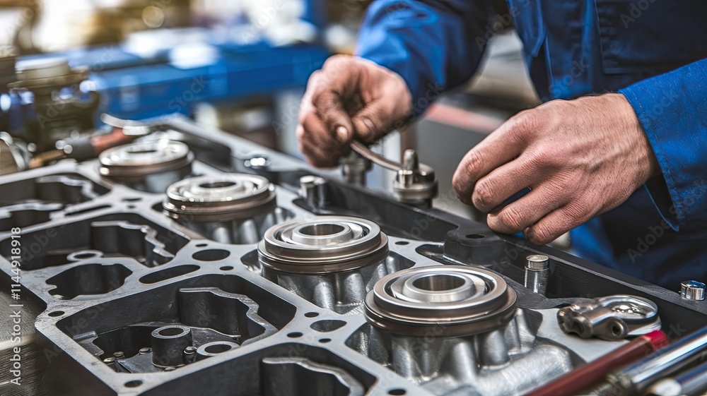Mechanic Inspecting Engine Components on Workbench