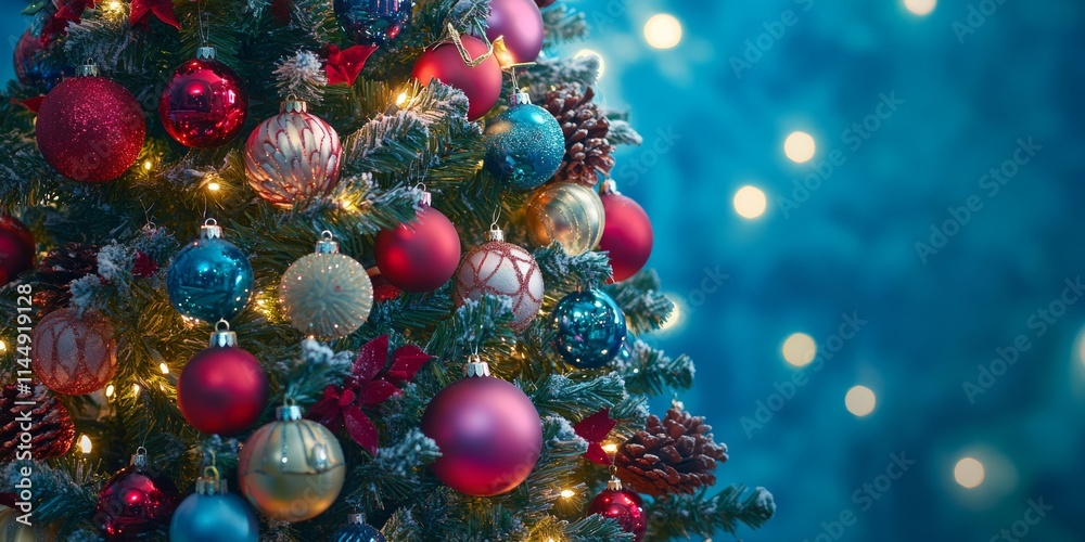 Cozy Christmas tree close-up with shimmering red, gold, and blue ornaments against a soft blue bokeh background Cozy Christmas tree close-up with shimmering red, gold, and blue ornaments against a soft blue bokeh background