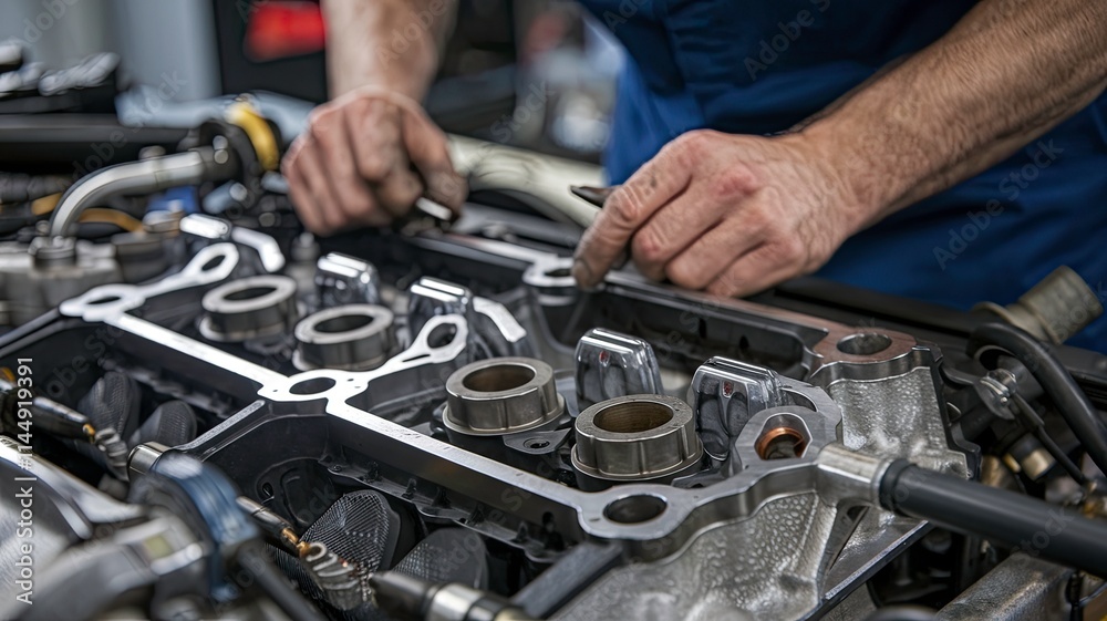 Mechanic Inspecting Engine Components on Workbench