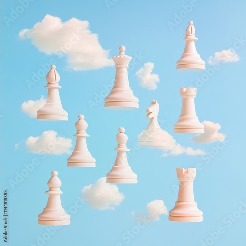 Surreal Floating Chess Pieces in Pastel Dreamscape photo