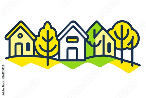 Vibrant stylized illustration of eco conscious community housing surrounded by abstract trees, emphasizing green living and urban sustainability in a vector graphic photo