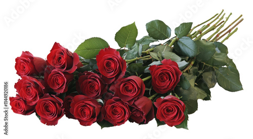 Bouquet of vibrant red roses with green leaves