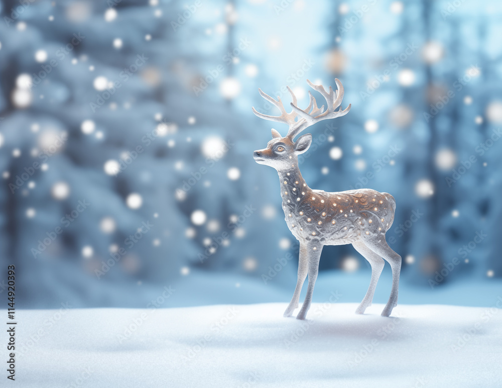 Christmas tree toy in the shape of a deer standing in the snowy winter forest scene against a light blue background with snowflakes and bokeh lights Christmas tree toy in the shape of a deer standing in the snowy winter forest scene against a light blue background with snowflakes and bokeh lights