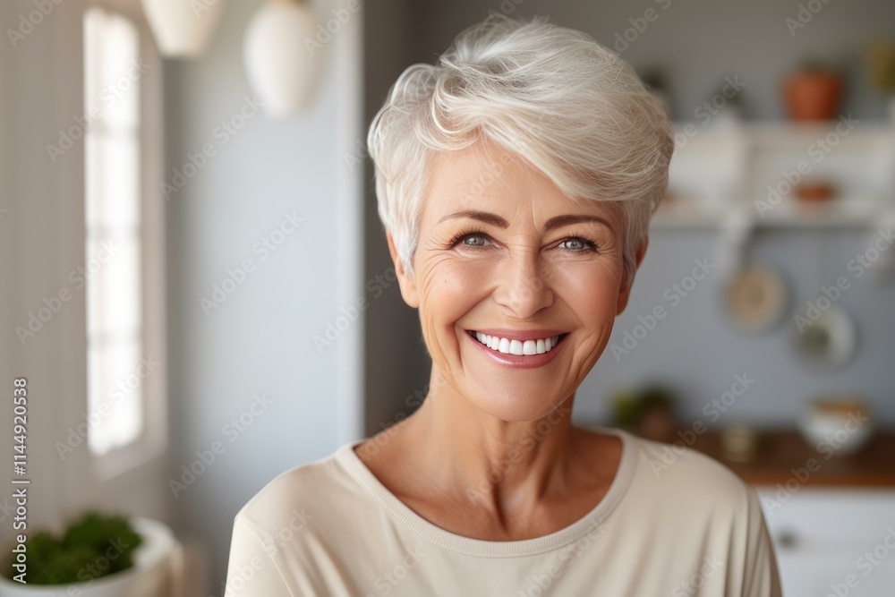 Portrait of a cheerful senior woman with short gray hair smiling in her modern kitchen Portrait of a cheerful senior woman with short gray hair smiling in her modern kitchen