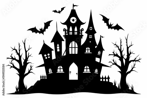 haunted halloween house line art silhouette vector illustration