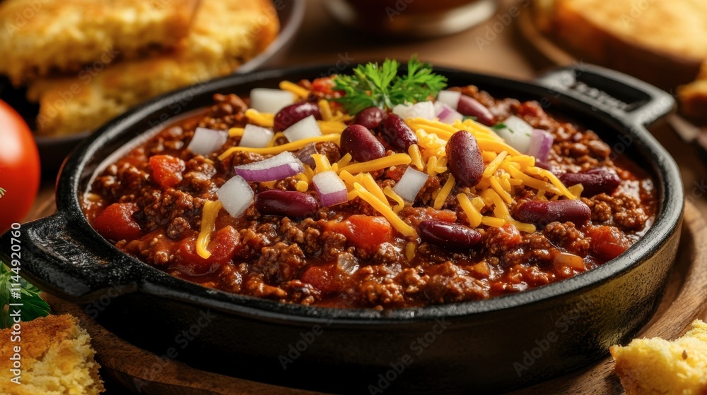 Delicious Beef Chili with Beans and Cheddar in Cast Iron Pan Delicious Beef Chili with Beans and Cheddar in Cast Iron Pan