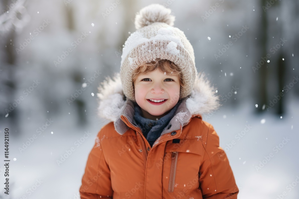 Portrait of a happy child smiling under snowflakes in a winter forest, wearing a warm orange jacket and a wool hat Portrait of a happy child smiling under snowflakes in a winter forest, wearing a warm orange jacket and a wool hat