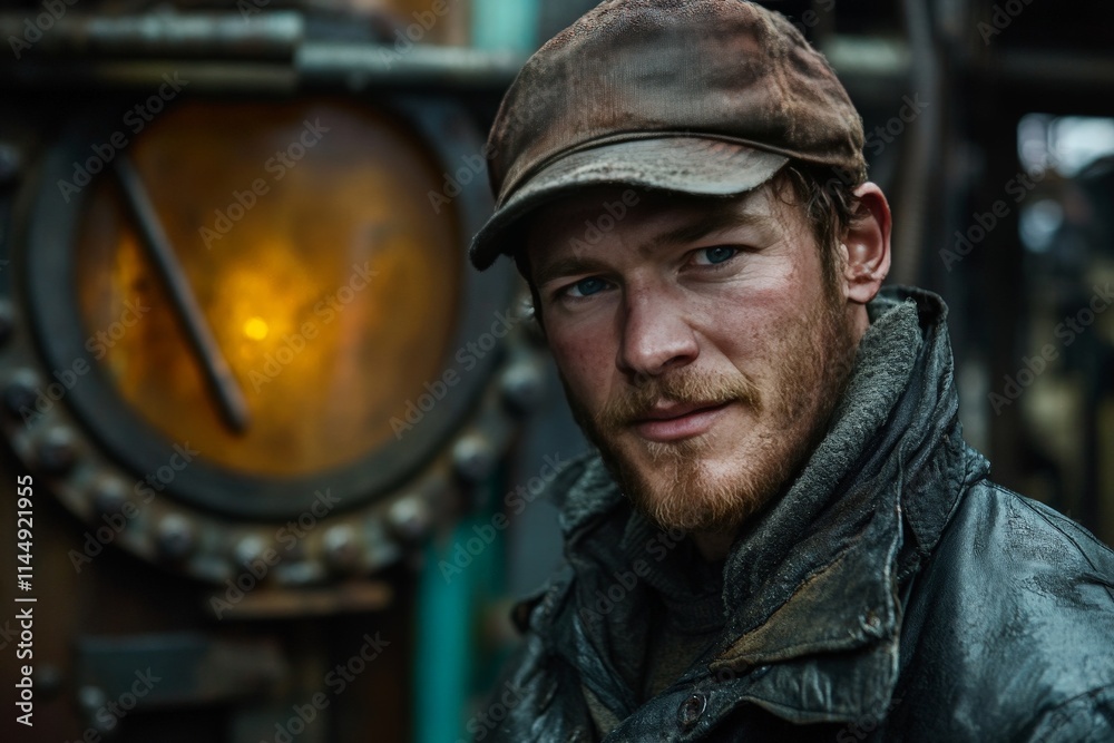 Weathered industrial mechanic in front of machinery, capturing grit, expertise, and authenticity in the oil and gas industry Weathered industrial mechanic in front of machinery, capturing grit, expertise, and authenticity in the oil and gas industry