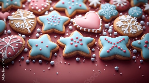 A colorful assortment of gingerbread cookies shaped like stars snowflakes and hearts on a red background photo