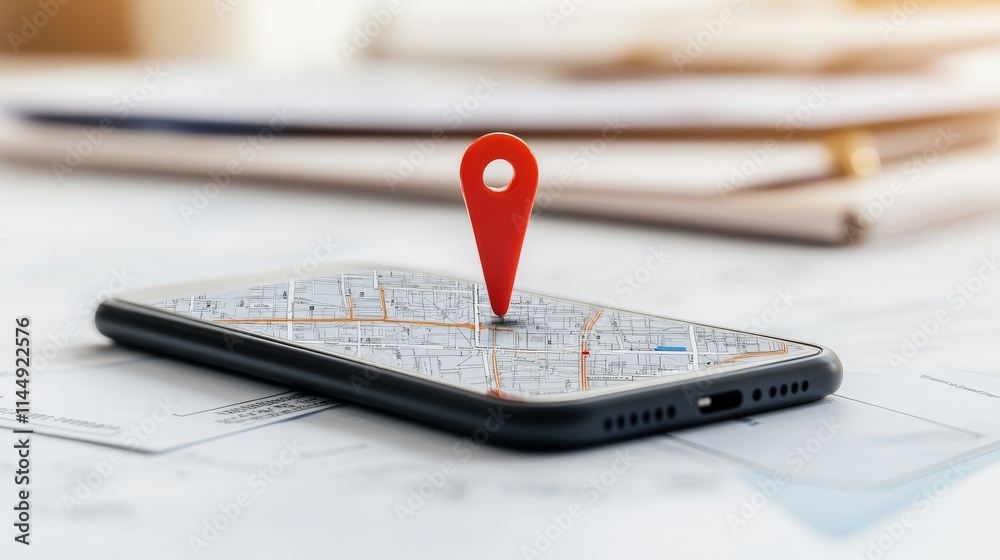 Fototapeta premium Modern black smartphone with a red map marker icon on its map interface, highlighting geolocation, real time navigation, and technology integration for seamless travel