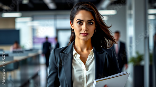 woman in a business suit walks through an office photo