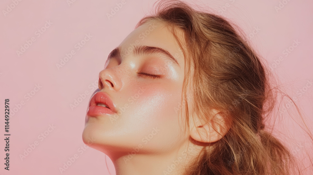 Portrait of a young woman against a pink background showcasing natural beauty and calm expression in soft light Portrait of a young woman against a pink background showcasing natural beauty and calm expression in soft light