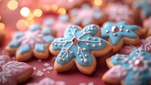 A close-up of holiday cookies shaped like snowflakes and stars with icing on a red background photo