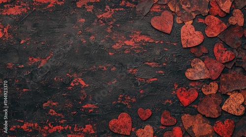 Red hearts scattered on dark textured background.
