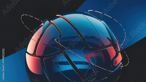 dark blue technosphere on black and blue background. Fascinating interplay of light and shape