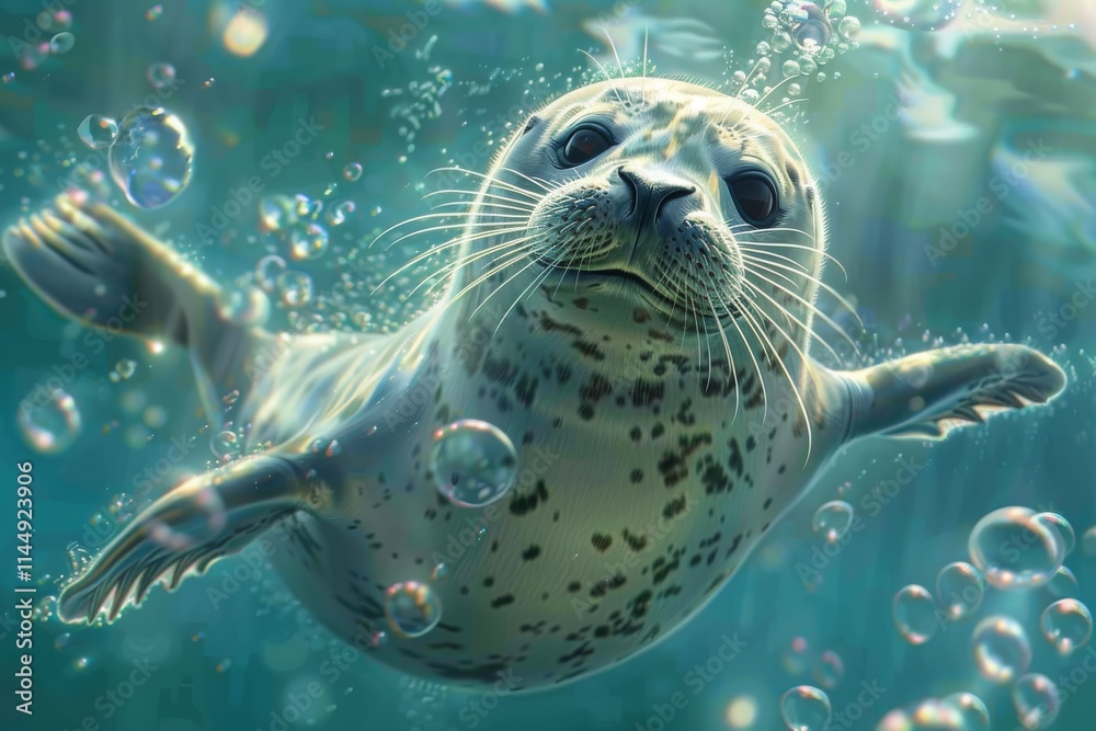 Fototapeta premium Cheerful seal enjoying bubble fun underwater